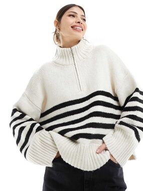 ASOS DESIGN relaxed sweater with zip collar in mono stripe